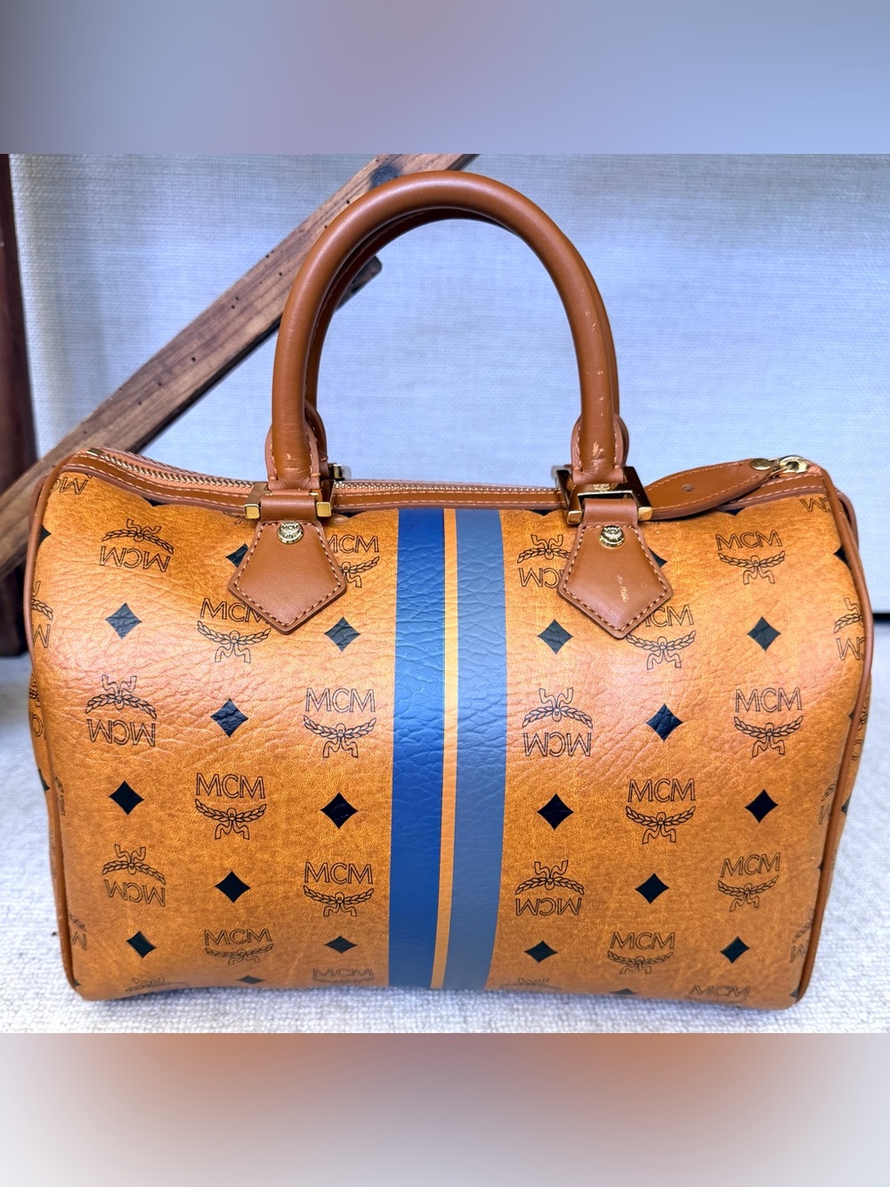 MCM Rare Visetos Blue Stripe Boston Satchel Bag Cognac Gold Hardware - Picture 3 of 13